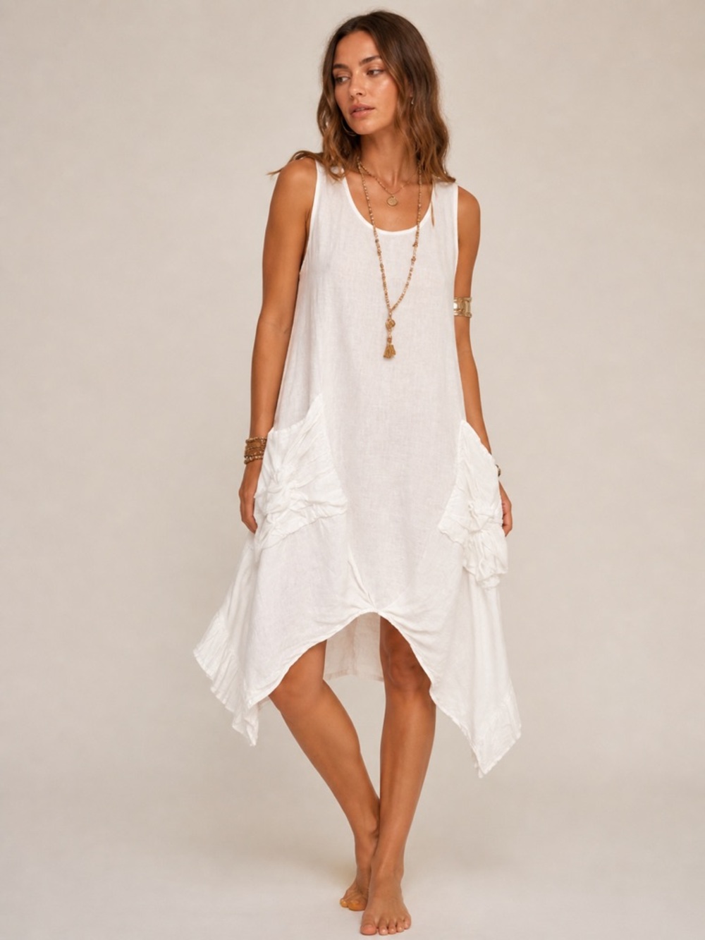 Lagenlook 100% Linen Asymmetrical Sleeveless Dress Coastal Breathable Comfort